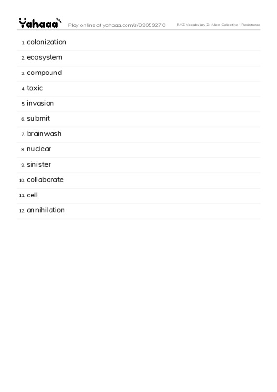 RAZ Vocabulary Z: Alien Collective I Resistance PDF words glossary