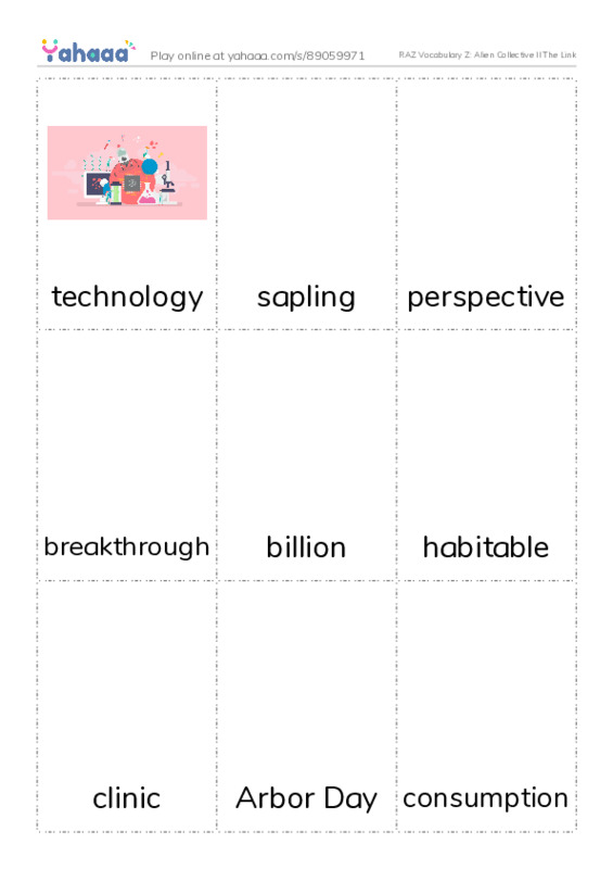 RAZ Vocabulary Z: Alien Collective II The Link PDF flaschards with images
