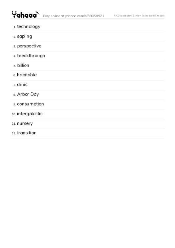 RAZ Vocabulary Z: Alien Collective II The Link PDF words glossary