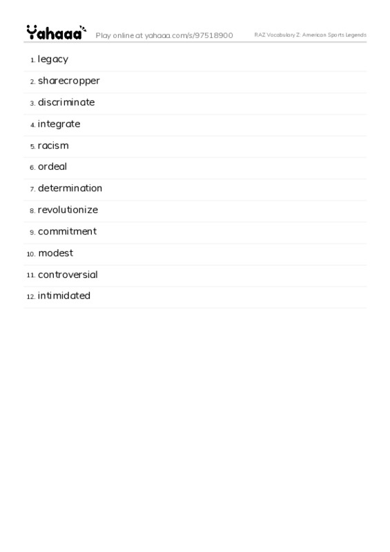 RAZ Vocabulary Z: American Sports Legends PDF words glossary