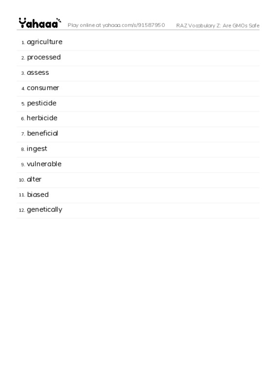 RAZ Vocabulary Z: Are GMOs Safe PDF words glossary