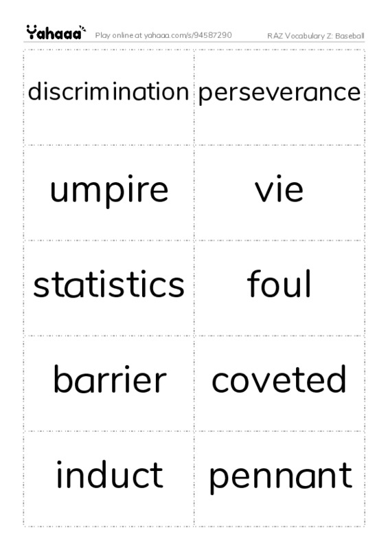 RAZ Vocabulary Z: Baseball PDF two columns flashcards