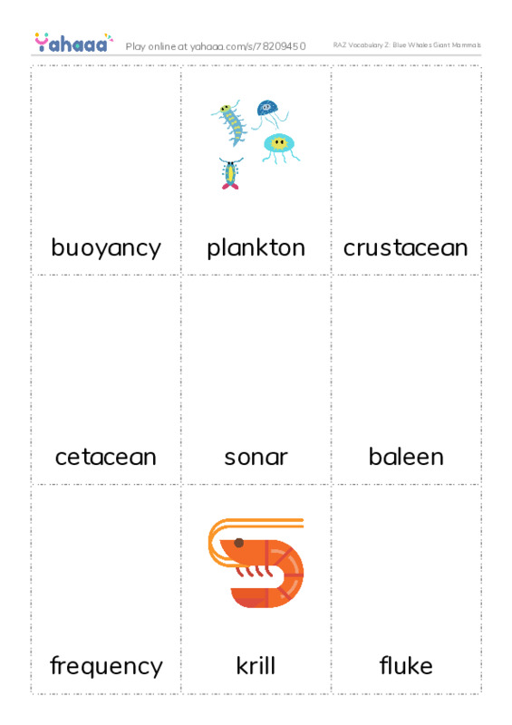 RAZ Vocabulary Z: Blue Whales Giant Mammals PDF flaschards with images