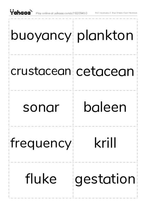 RAZ Vocabulary Z: Blue Whales Giant Mammals PDF two columns flashcards