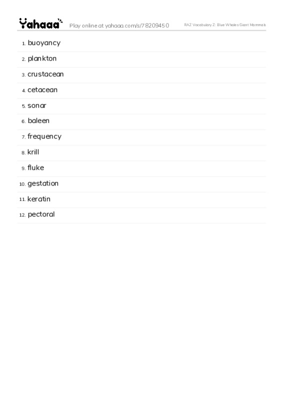 RAZ Vocabulary Z: Blue Whales Giant Mammals PDF words glossary