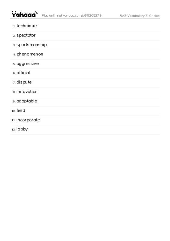RAZ Vocabulary Z: Cricket PDF words glossary