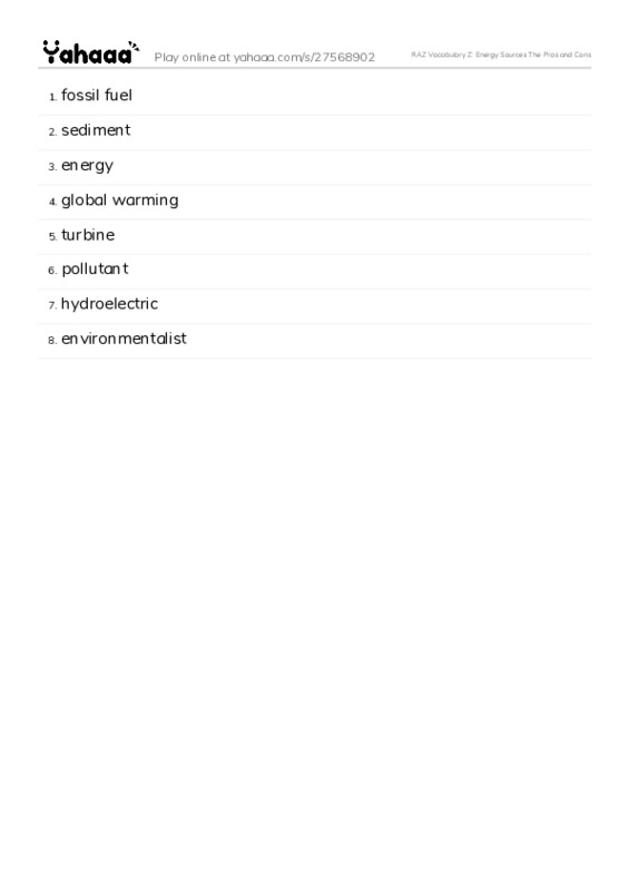 RAZ Vocabulary Z: Energy Sources The Pros and Cons PDF words glossary