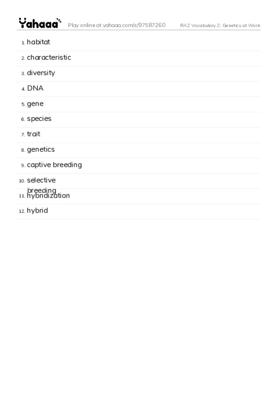 RAZ Vocabulary Z: Genetics at Work PDF words glossary
