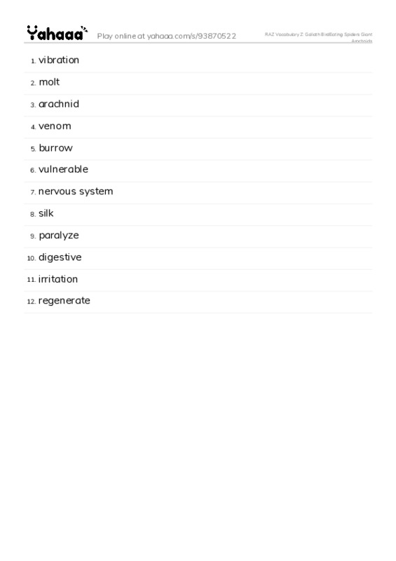 RAZ Vocabulary Z: Goliath BirdEating Spiders Giant Arachnids PDF words glossary