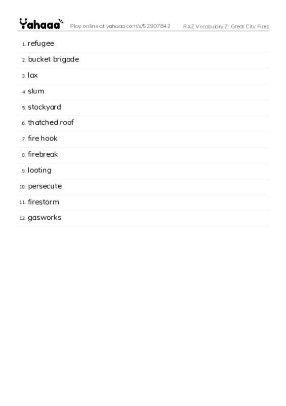 RAZ Vocabulary Z: Great City Fires PDF words glossary