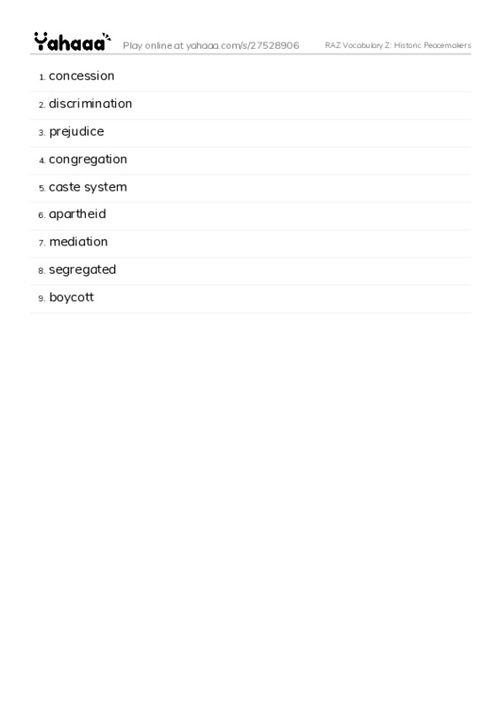 RAZ Vocabulary Z: Historic Peacemakers PDF words glossary