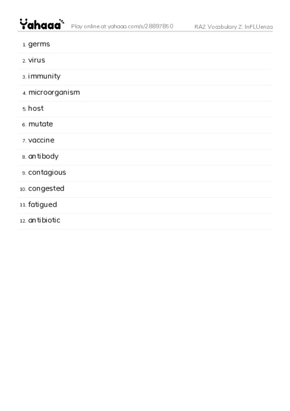 RAZ Vocabulary Z: Influenza PDF words glossary