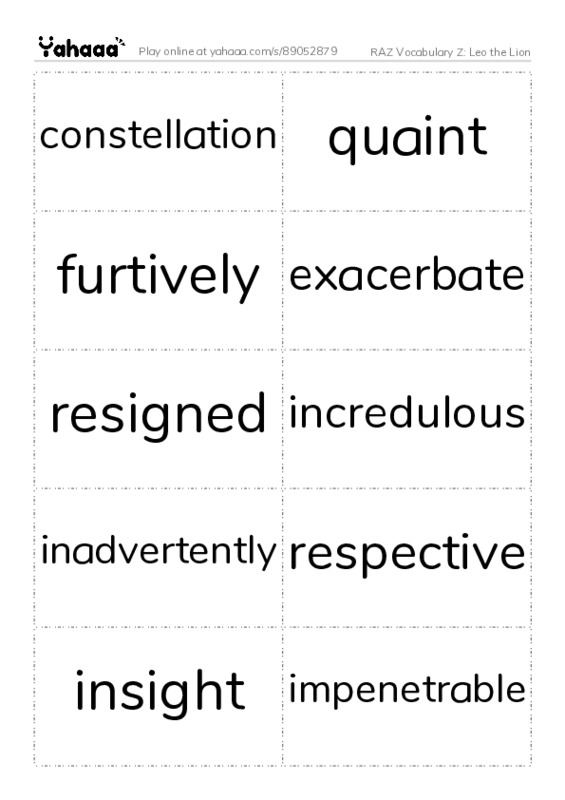 RAZ Vocabulary Z: Leo the Lion PDF two columns flashcards