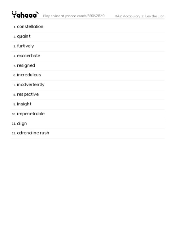 RAZ Vocabulary Z: Leo the Lion PDF words glossary