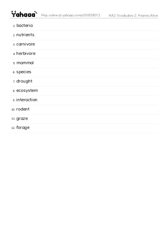 RAZ Vocabulary Z: Prairies Alive PDF words glossary