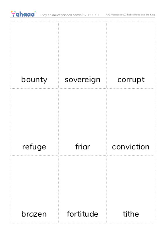 RAZ Vocabulary Z: Robin Hood and the King PDF flaschards with images