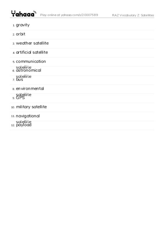 RAZ Vocabulary Z: Satellites PDF words glossary