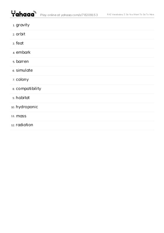 RAZ Vocabulary Z: So You Want To Go To Mars PDF words glossary