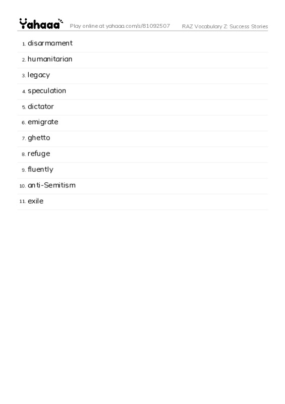 RAZ Vocabulary Z: Success Stories PDF words glossary