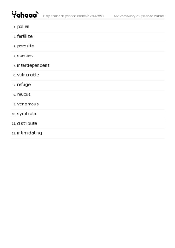 RAZ Vocabulary Z: Symbiotic Wildlife PDF words glossary