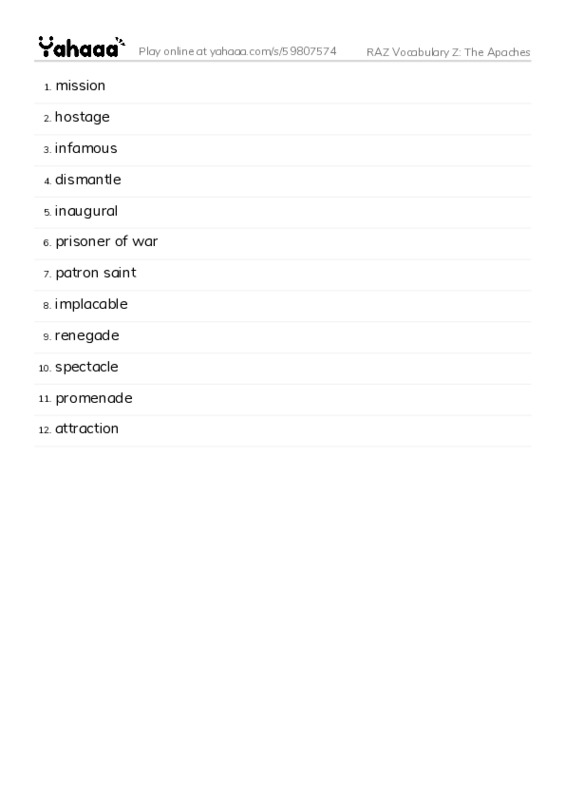 RAZ Vocabulary Z: The Apaches PDF words glossary