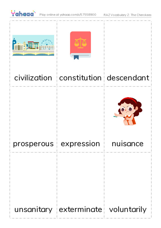 RAZ Vocabulary Z: The Cherokees PDF flaschards with images