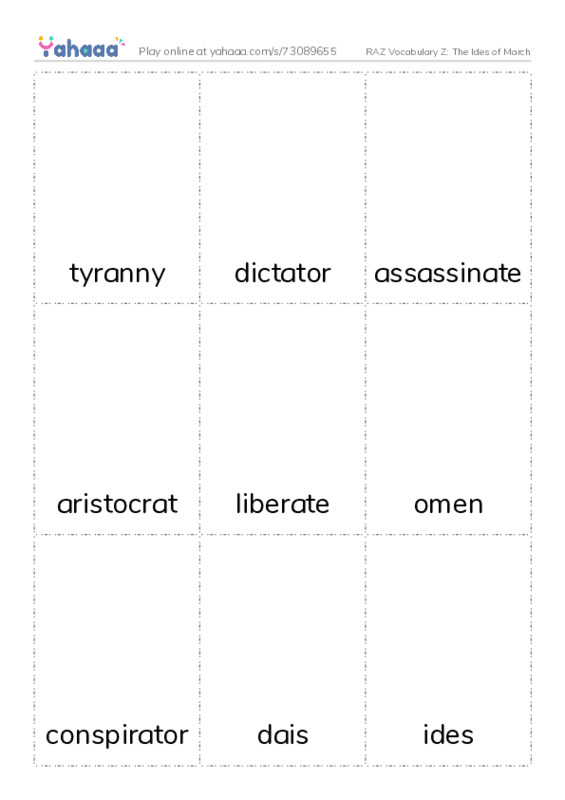 RAZ Vocabulary Z: The Ides of March PDF flaschards with images
