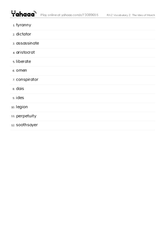RAZ Vocabulary Z: The Ides of March PDF words glossary