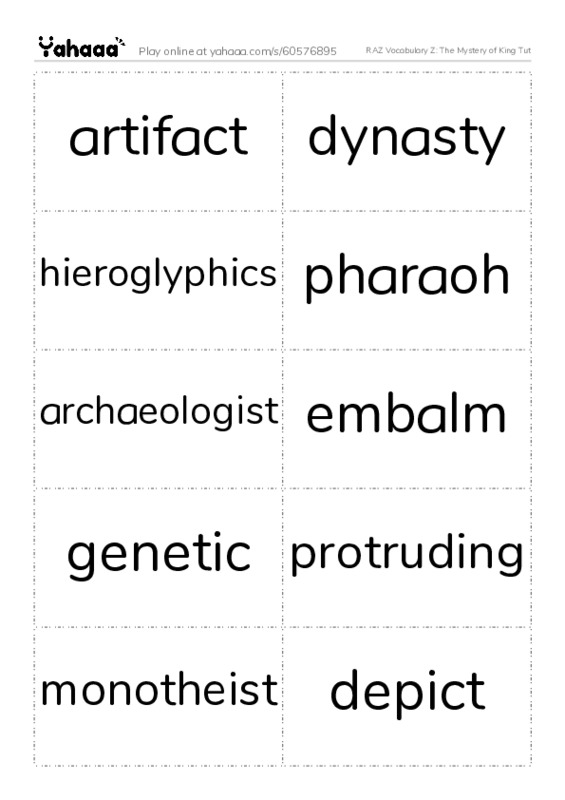 RAZ Vocabulary Z: The Mystery of King Tut PDF two columns flashcards