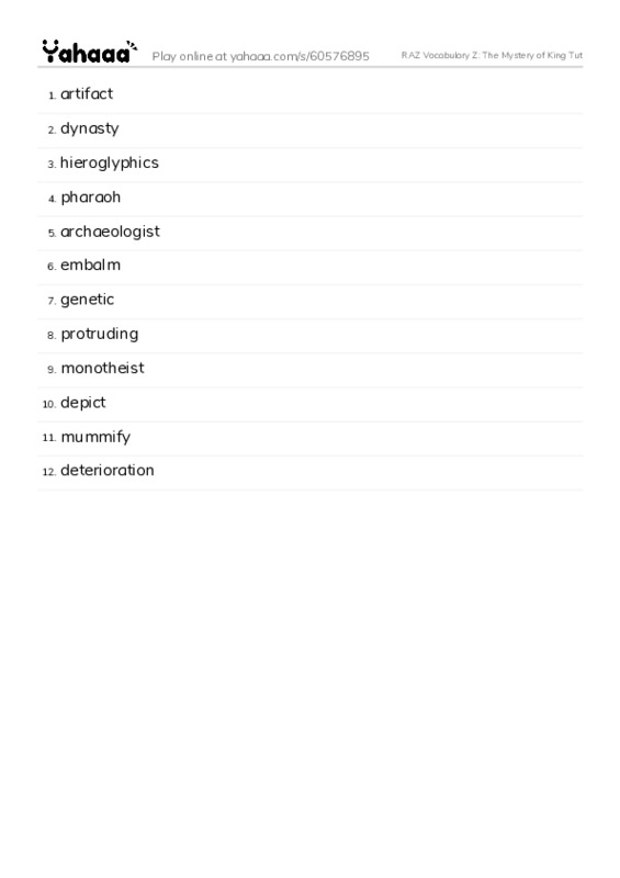 RAZ Vocabulary Z: The Mystery of King Tut PDF words glossary