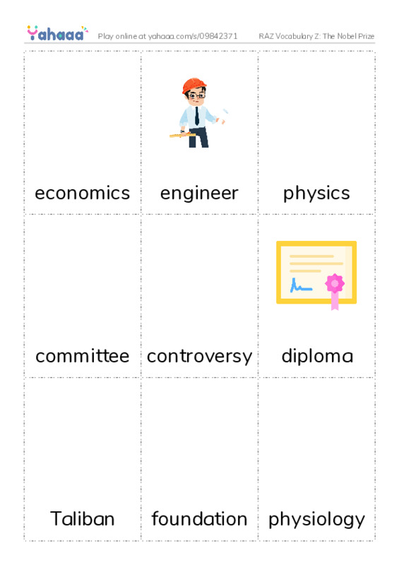 RAZ Vocabulary Z: The Nobel Prize PDF flaschards with images