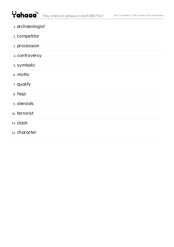 RAZ Vocabulary Z: The Olympics Past and Present PDF words glossary