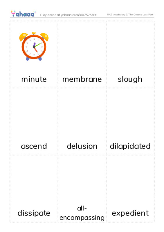 RAZ Vocabulary Z: The Queens Loss Part I PDF flaschards with images