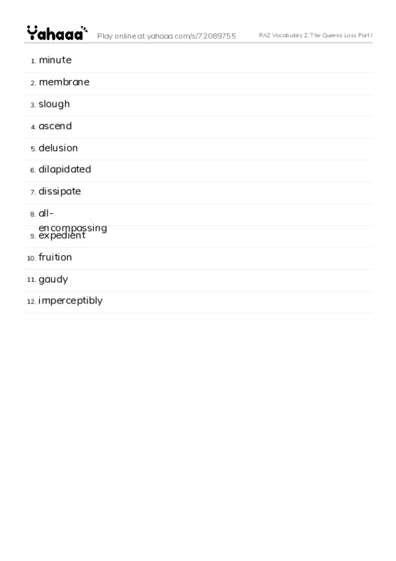 RAZ Vocabulary Z: The Queens Loss Part I PDF words glossary