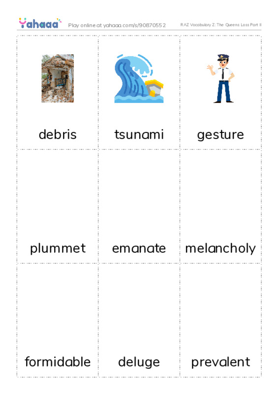 RAZ Vocabulary Z: The Queens Loss Part II PDF flaschards with images