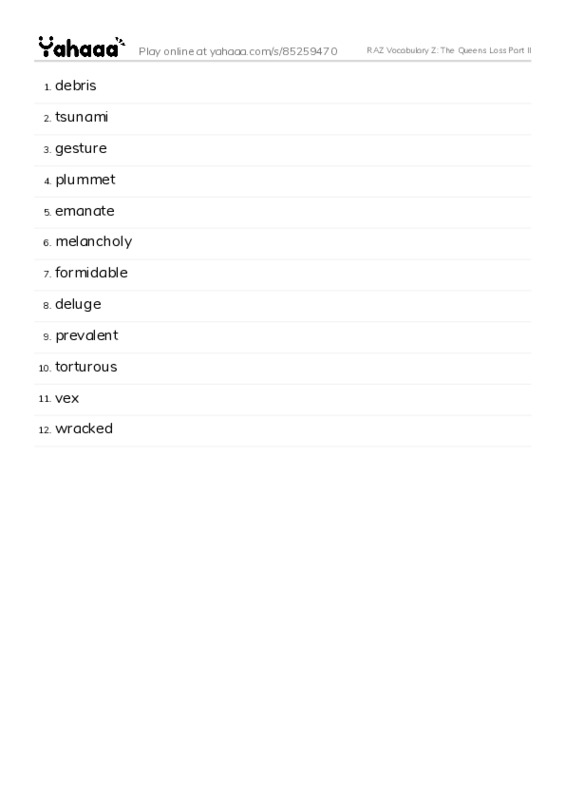 RAZ Vocabulary Z: The Queens Loss Part II PDF words glossary