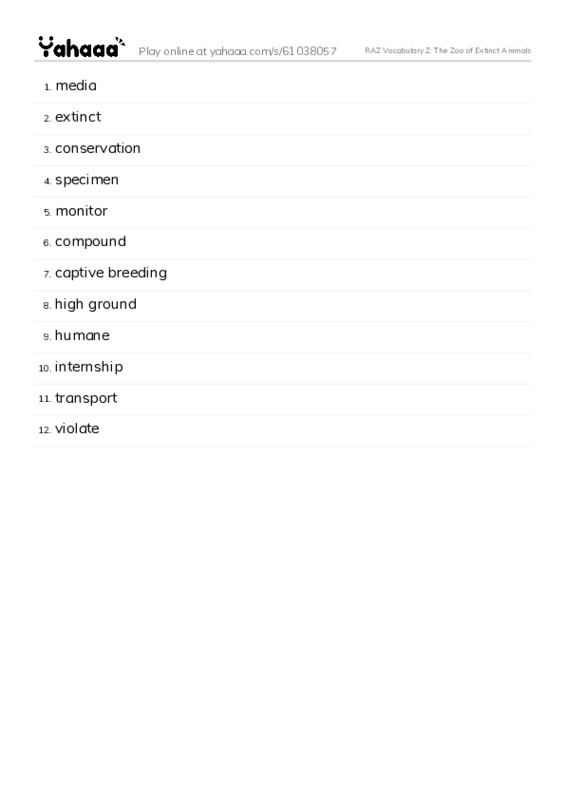 RAZ Vocabulary Z: The Zoo of Extinct Animals PDF words glossary