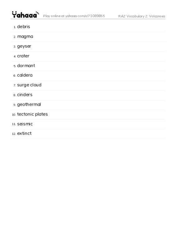 RAZ Vocabulary Z: Volcanoes PDF words glossary