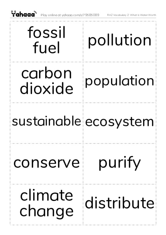 RAZ Vocabulary Z: What Is Water Worth PDF two columns flashcards