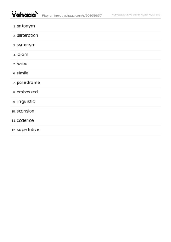 RAZ Vocabulary Z: Word Smith Private I Rhyme Crime PDF words glossary