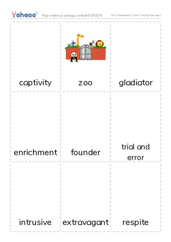RAZ Vocabulary Z: Zoos Through the Ages PDF flaschards with images