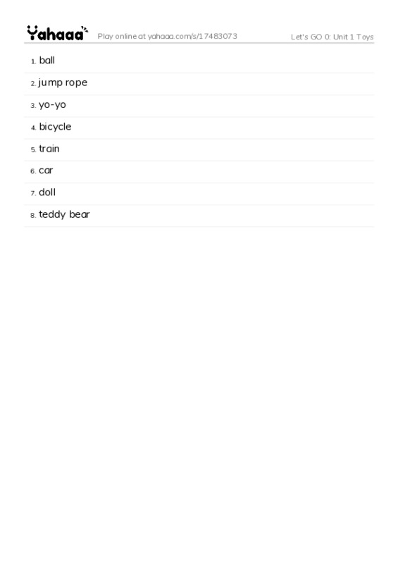 Let's GO 0: Unit 1 Toys PDF words glossary