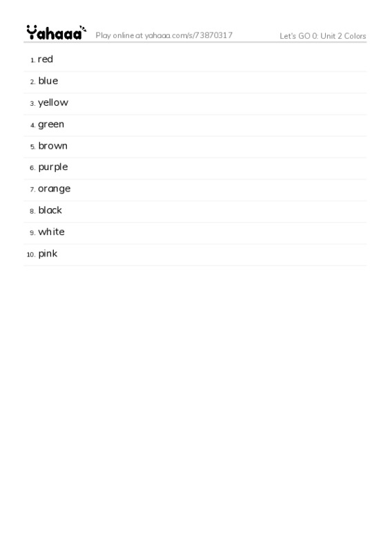 Let's GO 0: Unit 2 Colors PDF words glossary