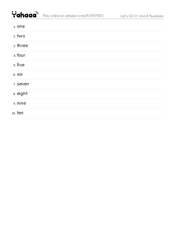 Let's GO 0: Unit 4 Numbers PDF words glossary