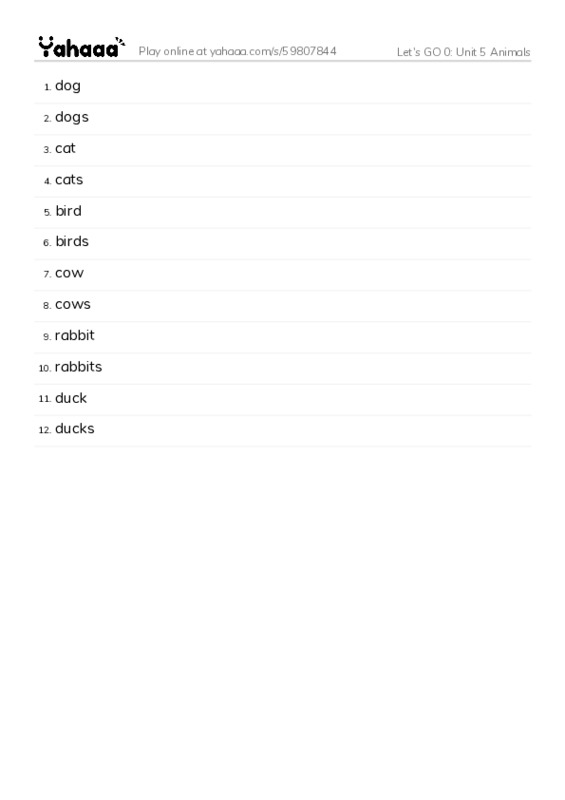 Let's GO 0: Unit 5 Animals PDF words glossary