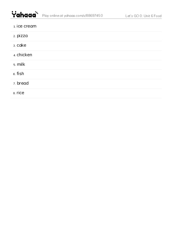 Let's GO 0: Unit 6 Food PDF words glossary