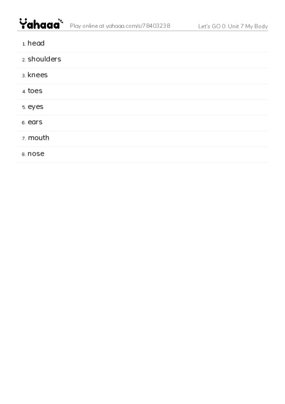Let's GO 0: Unit 7 My Body PDF words glossary