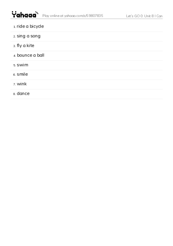 Let's GO 0: Unit 8 I Can PDF words glossary