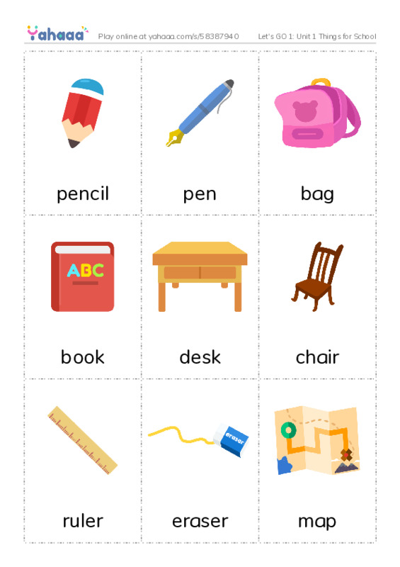 Let's GO 1: Unit 1 Things for School PDF flaschards with images