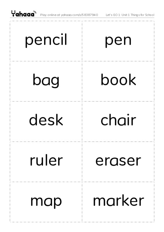 Let's GO 1: Unit 1 Things for School PDF two columns flashcards